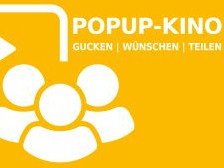 Piktogramm: Personen vor einem Bildschirm, Text: PopUp-Kino: gucken | wünschen | teilen