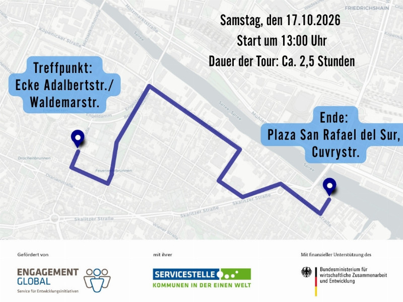 Stadtplan mit eingezeichneter Route des Spaziergangs in Kreuzberg