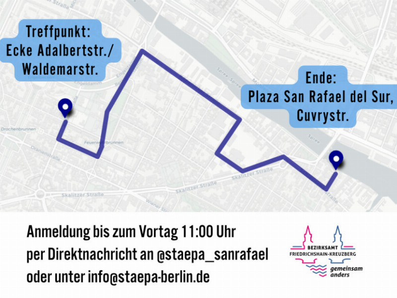 Stadtplan mit eingezeichneter Route des Spaziergangs in Kreuzberg