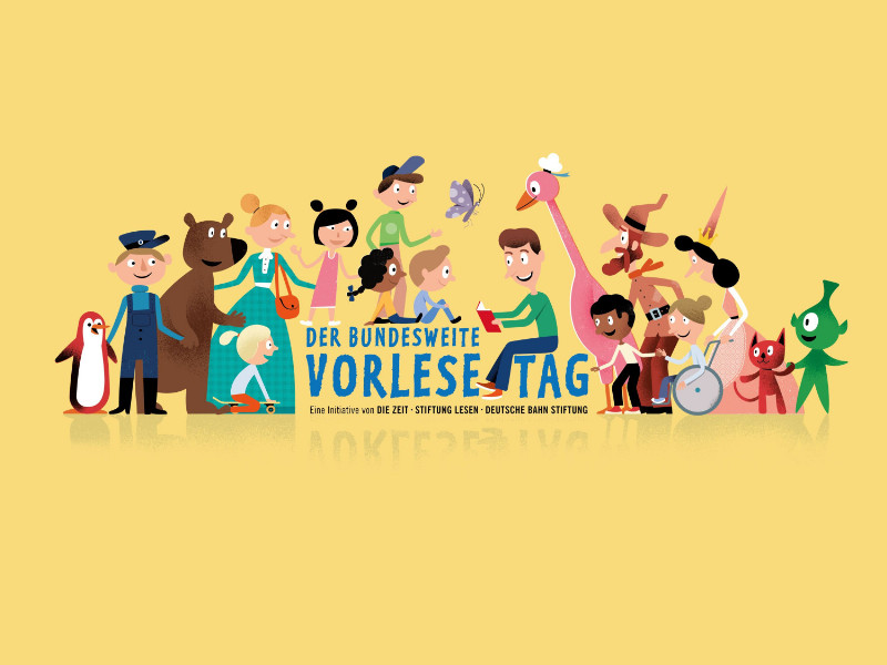 Logo "Der bundesweite Vorlesetag" mit vielen Kinderbuchfiguren um den Schriftzug