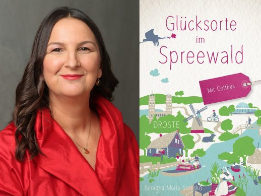 Eine Frau mit Schulterlangen Haaren schaut in die Kamera. Das Cover des Buches "Glücksorte im Spreewald" zeigt eine Illustration von Bäumen, Häusern und Vögeln.