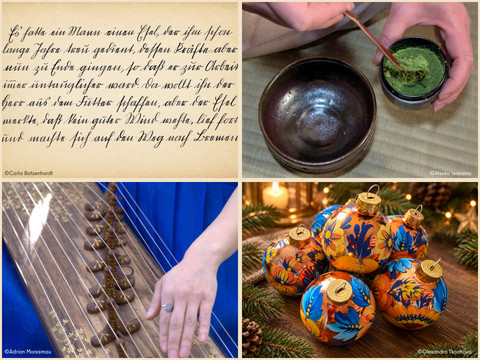 Vierteilige Collage mit handgeschriebener Textseite, Hand beim Zubereiten von grünem Pulver mit Schale, Hand auf Saiteninstrument und bemalten Weihnachtskugeln auf Tannenzweigen