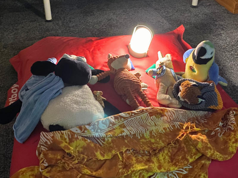 5 Kuscheltiere, unter anderem ein Schaf und ein Papagei liegen auf einem Kissen und unter einer Decke. Ein Licht liegt auf der Decke und erhellt den dunklen Raum. 