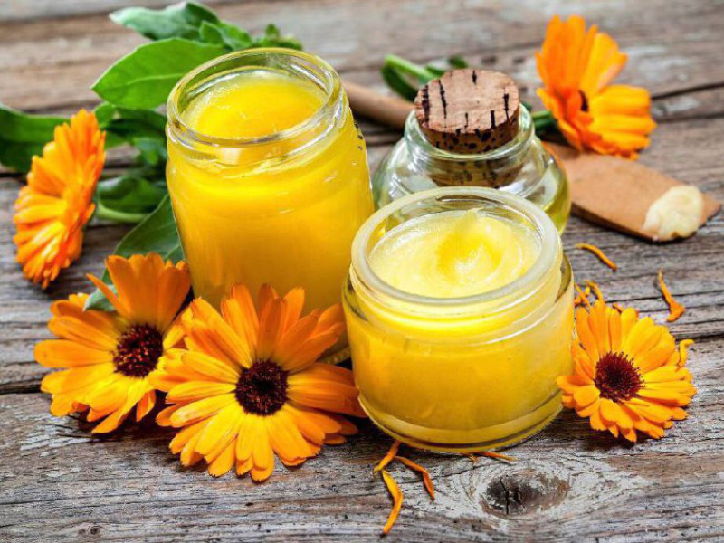 Foto mit drei Gläser mit einer gelben Salbe, darum liegen Ringelblumen 