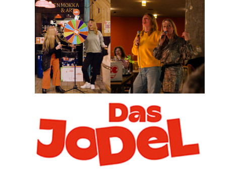 Logo Das Jodel, zwei Fotos mit je zwei Frauen mit Mikrofonen in der Hand die agieren