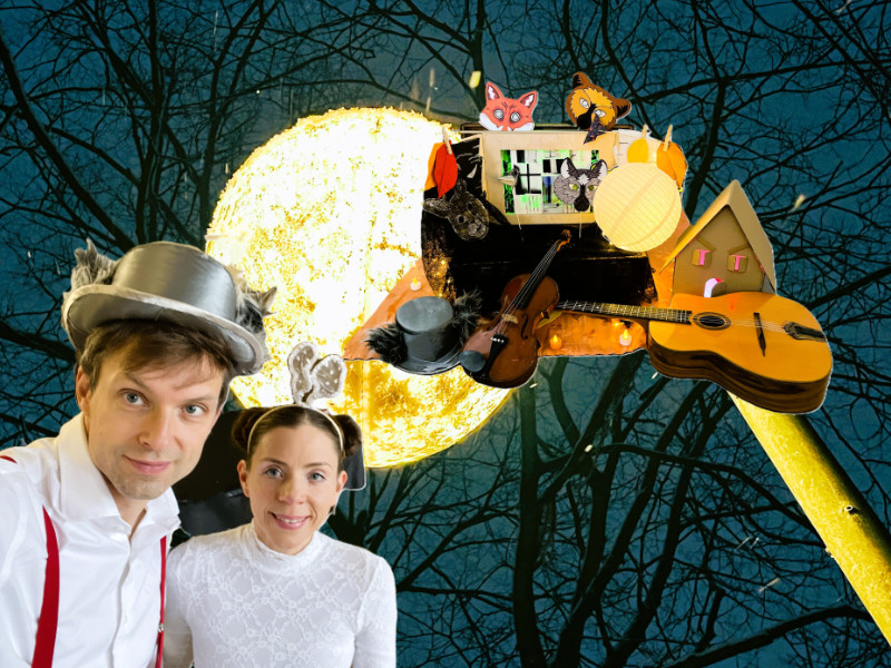 Fotocollage - vorne zwei Personen, dann verschiedene Utensilien und im Hintergrund der Mond, der durch Bäume scheint