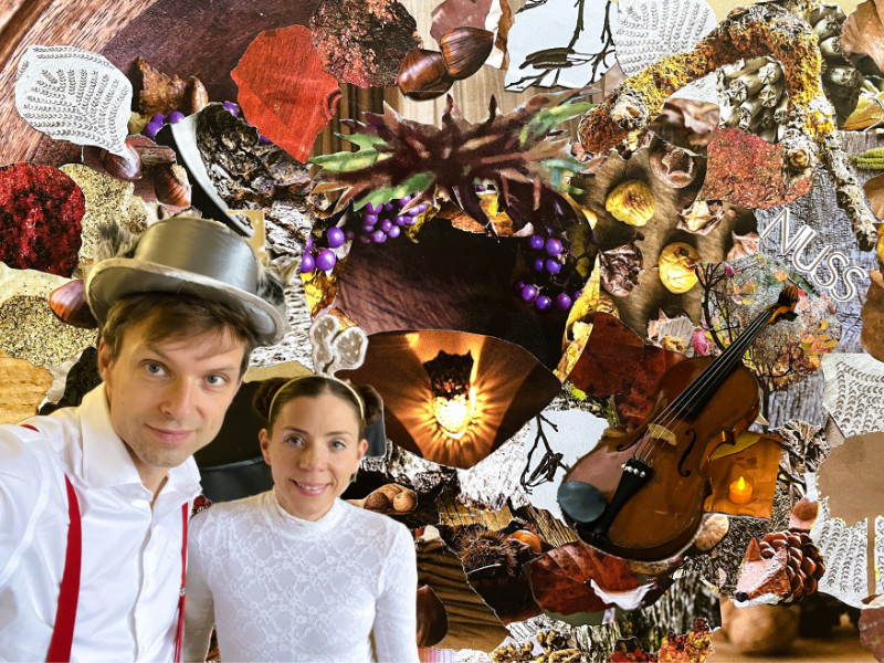 Fotocollage - vorne zwei Personen und viele verschiedene Utensilien 