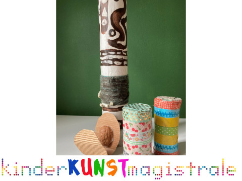 verschiedene selbstgemachte Regenmacher und Logo der kinderKUNSTmagistrale