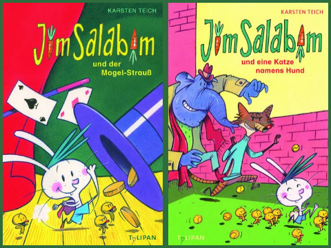 Zwei bunte Buchcover mit der Figur Jim Salabim. Auf dem linken Cover hält Jim Salabim eine Spielkarte und einen Zauberhut, auf dem rechten Cover steht Jim Salabim vor einer Katze und einem Hund in einer Mauerumgebung.