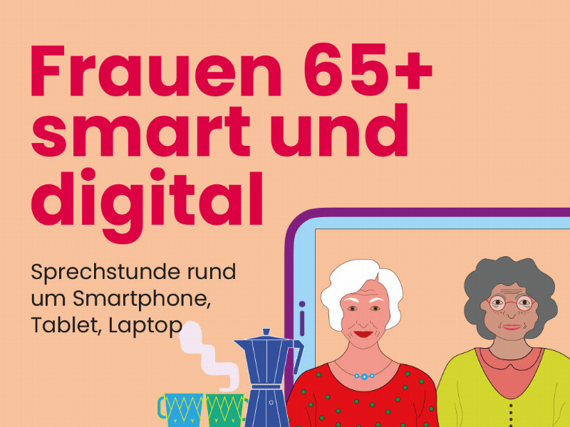 Veranstaltungstitel und Grafik mit zwei Frauen und Kaffeetassen