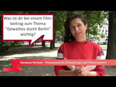 Portrait von Marijana Verhoef mit Einblendung der Fragestellung: „Was ist dir bei einem Filmbeitrag zum Thema 'Gewaltlos durch Berlin' wichtig?“