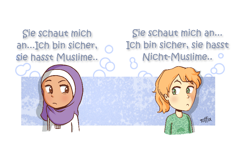 eine Muslimin und eine Nicht-Muslimin sehen sich an und befürchten jeweils Vorurteile ihres Gegenübers
