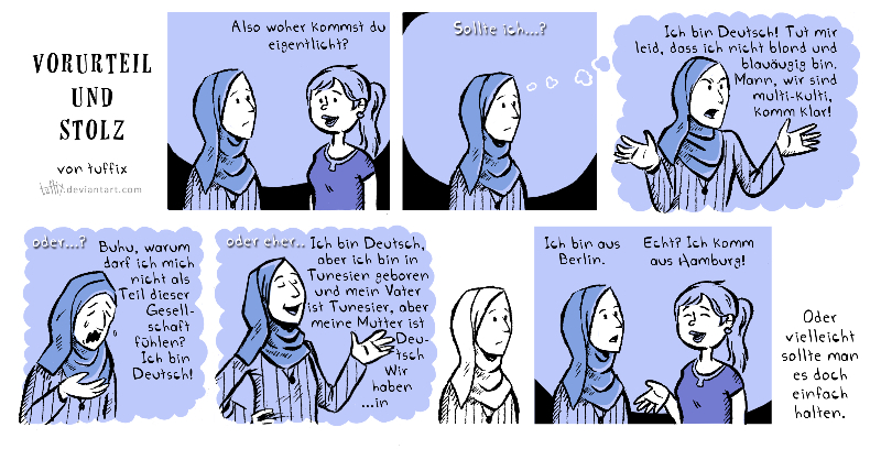 eine Muslimin und eine Nicht-Muslimin lernen sich kennen und unterhalten sich über ihre Herkunft