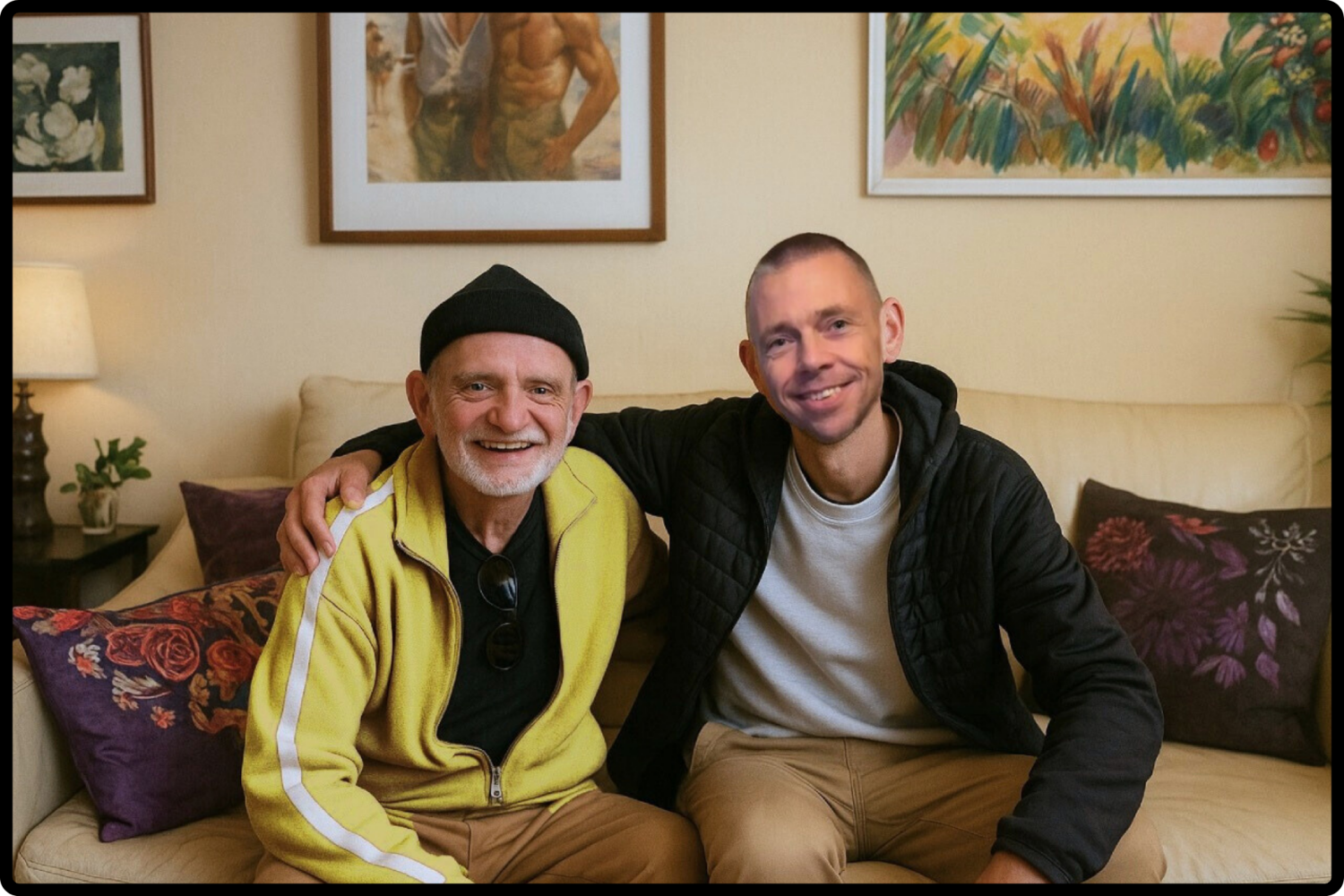 Eine Alltagshilfe und ein älterer Mann sitzen auf einer Couch und umarmen sich.