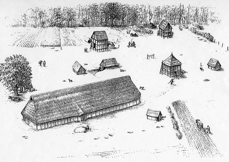 Rekonstruktion des größten Gehöftes aus der Kaiserzeit Zu sehen sind ein Langhaus ein Grubenhaus zwei gestelzte Speicher und mehrere Kleinbauten.