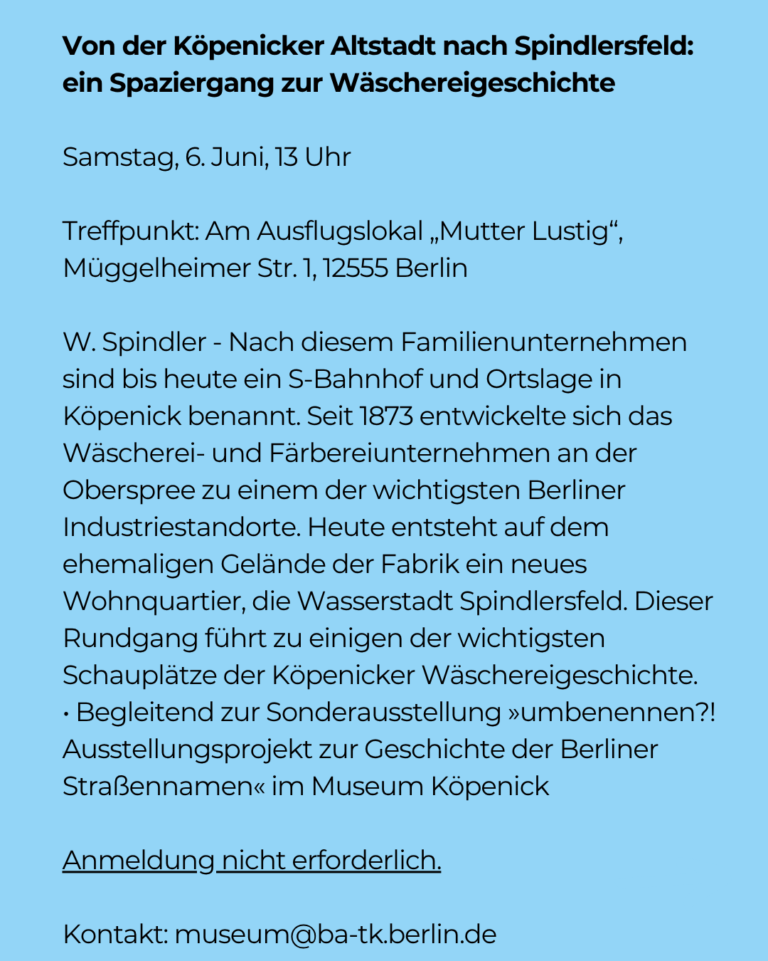 Führung am 6. Juni um 13 Uhr: Von der Köpenicker Altstadt nach Spindlersfeld