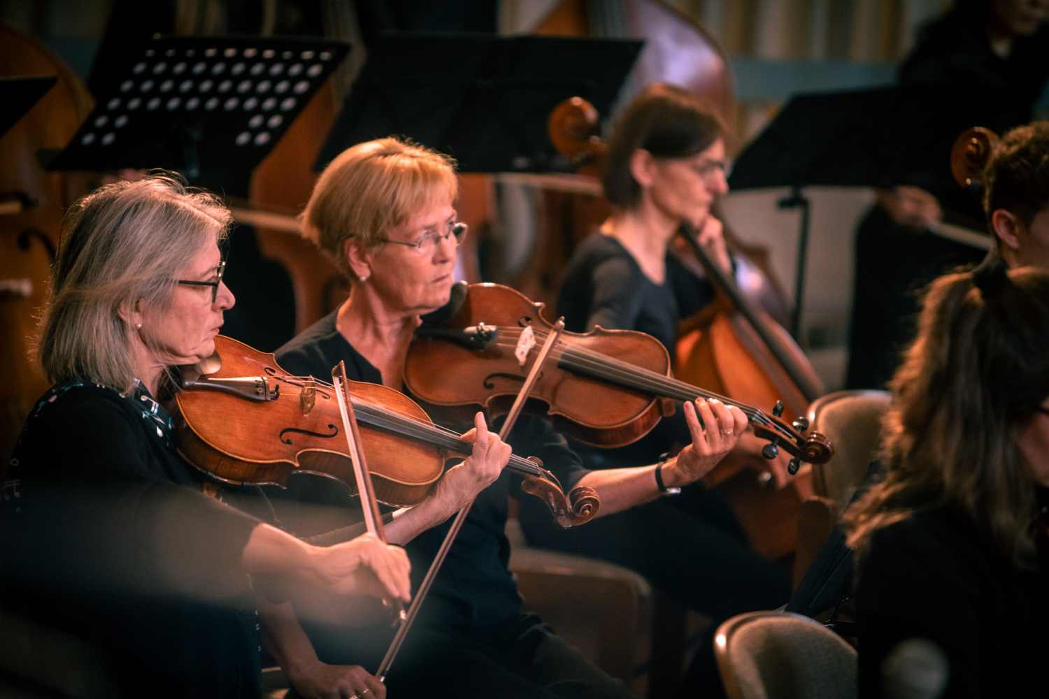 Zwei Frauen spielen Viola im Orchester