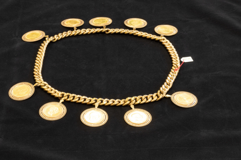Kette, 10 Münzanhänger (100 Kronen-Stücke Österreich 1915), 900/f, Gelbgold, Kette ungestempelt Bild 1