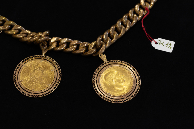 Kette, 10 Münzanhänger (100 Kronen-Stücke Österreich 1915), 900/f, Gelbgold, Kette ungestempelt Bild 2