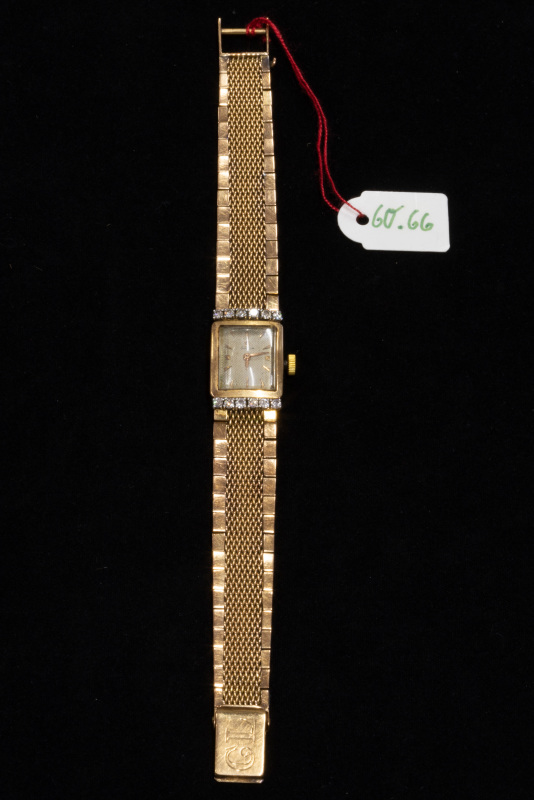 Damenuhr, Omega, zwölf Steine, Gelbgold, gestempelt 18 ct., Verschluss: Gravur "GL" und "14-2-60"