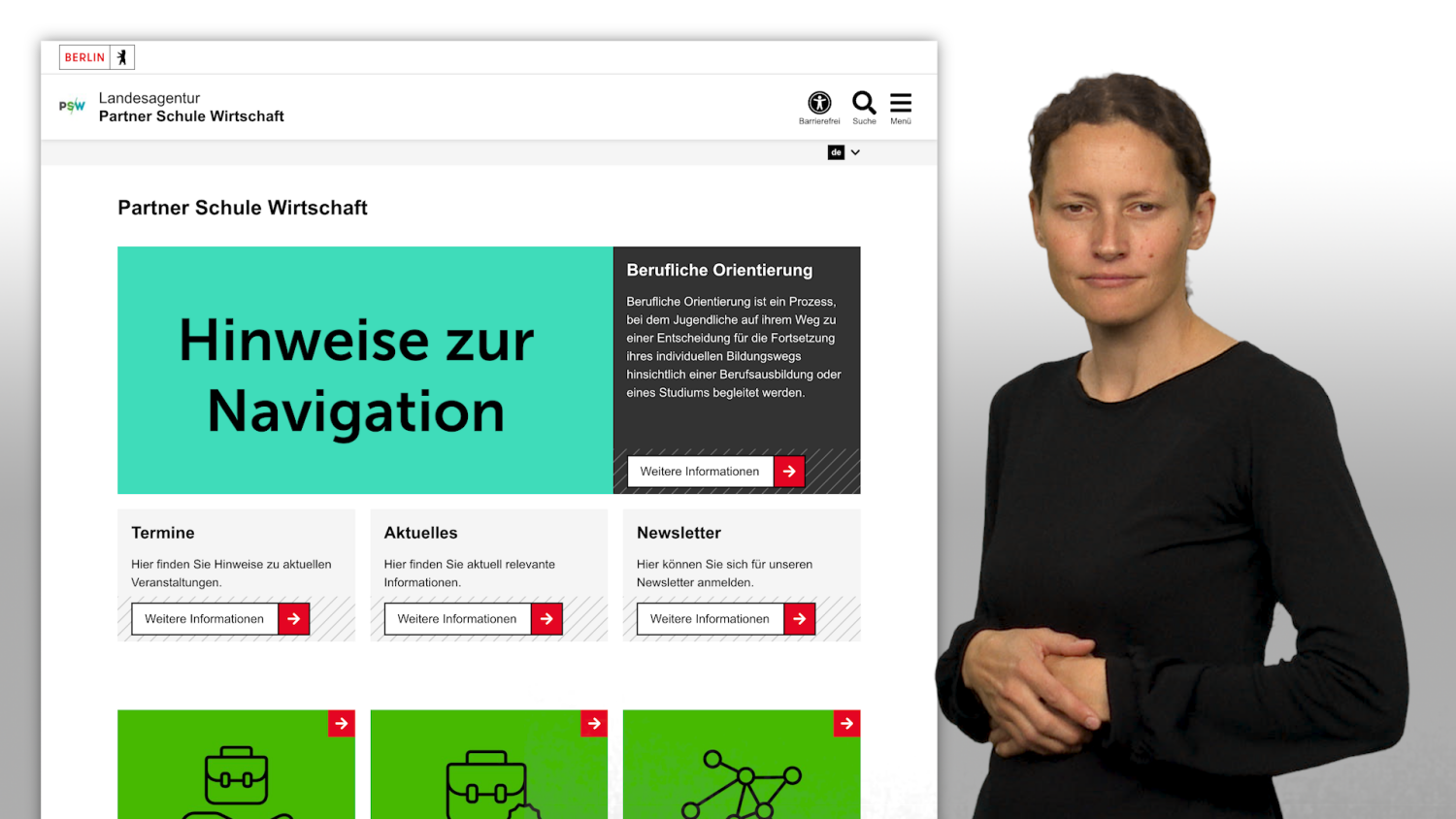 Screenshot der Startseite Partner Schule Wirtschaft mit Gebärdensprachdolmetscherin