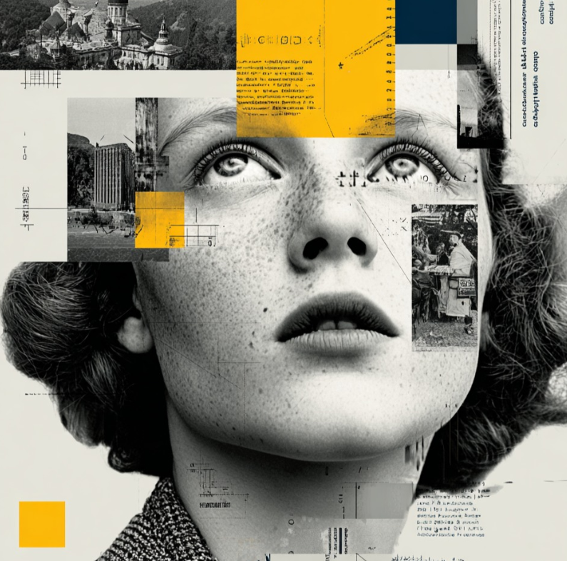 Eine Collage verbindet das Porträt einer sommersprossigen Frau mit Architektur, technischen Zeichnungen und kräftigen gelben und blauen Flächen