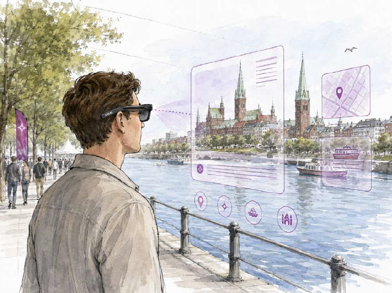 Mann schaut mit AR-Brille in die Stadt