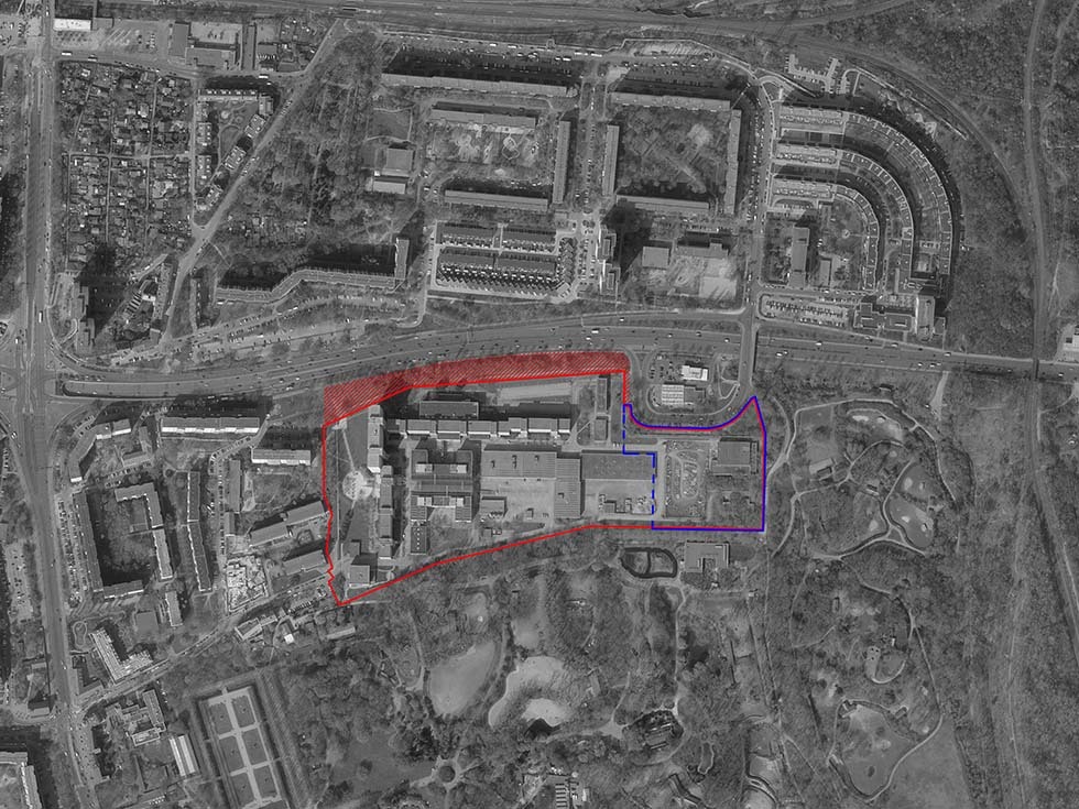 Luftbild mit Einzeichnung des Planungsgebietes (blau) sowie des Betrachtungsgebietes (rot)