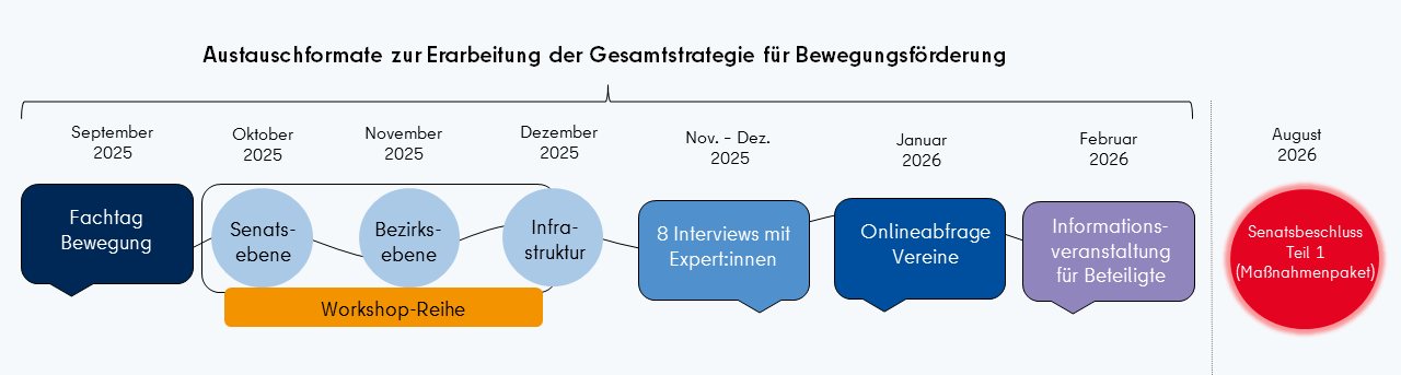 Die Grafik zeigt die sieben Austauschformate auf einem Zeitstrahl von September 2025 bis Februar 2026 und den Senatsbeschluss von 2026.