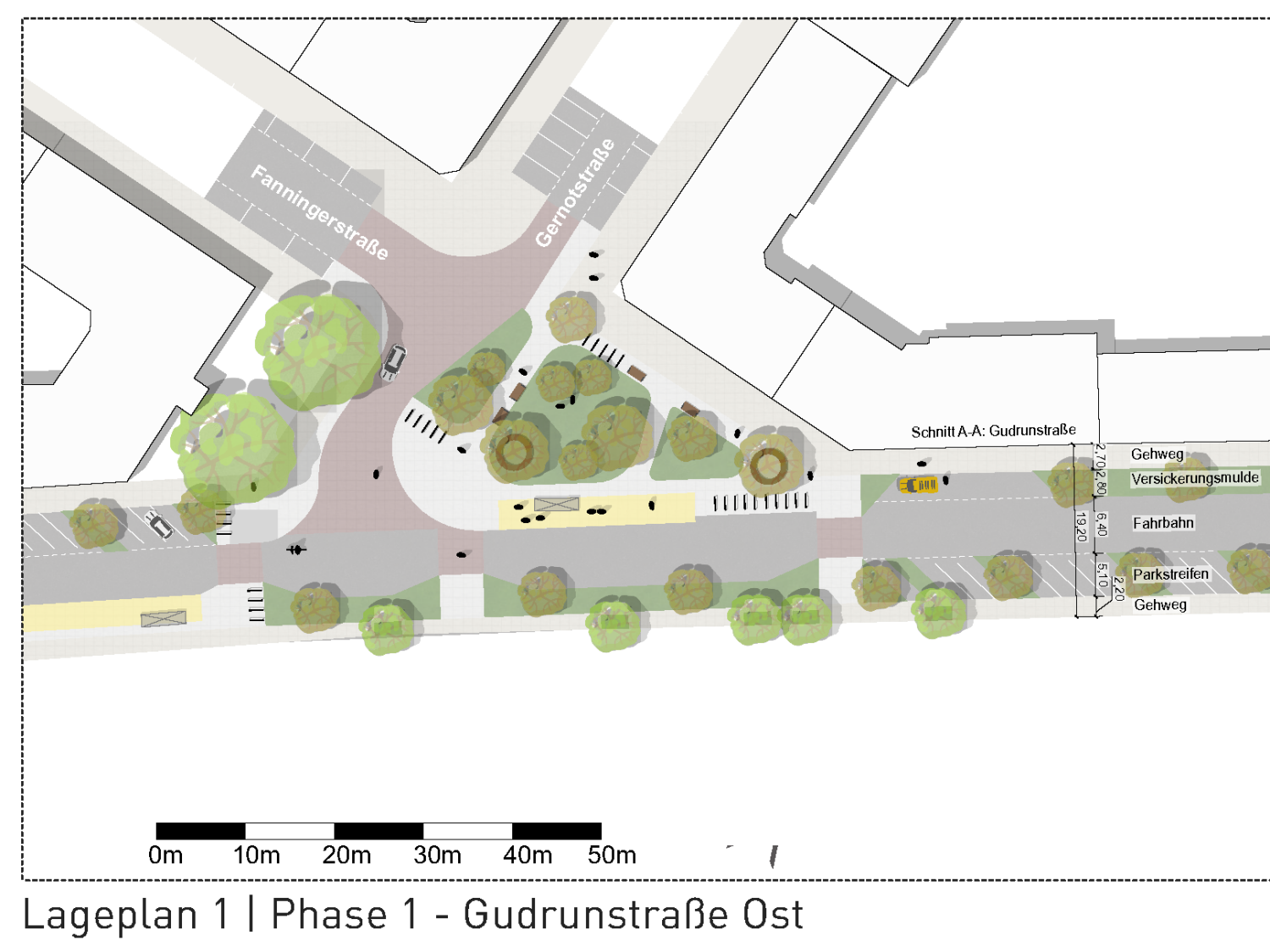Ausschnitt aus dem Siegerentwurf Gutachten Gudrunstraße, Phase 1, Gudrunstraße Ost