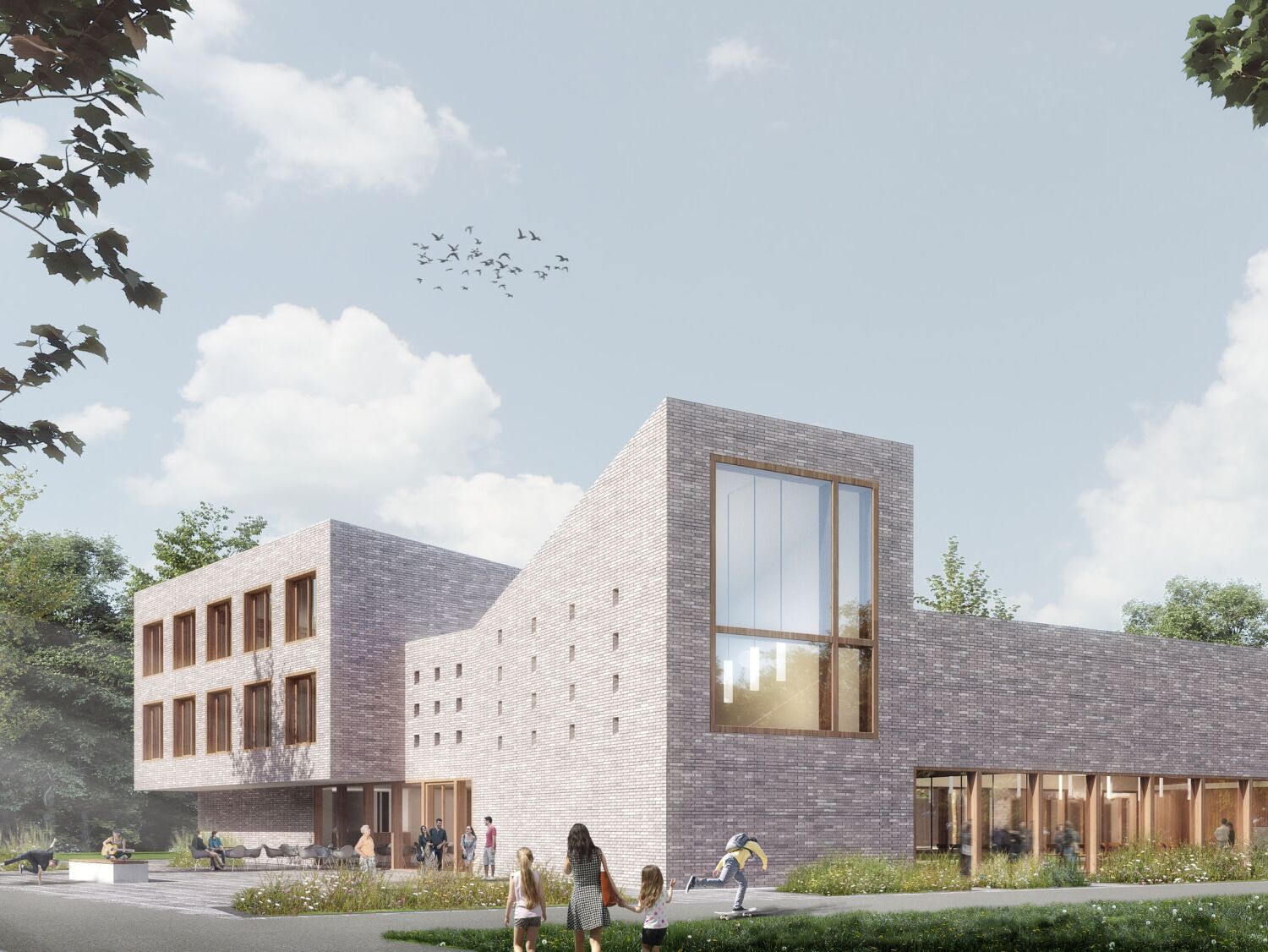 Perspektive des 1. Preises im Wettbewerb für das neue Begegnungszentrum Zuversicht (Grafik)