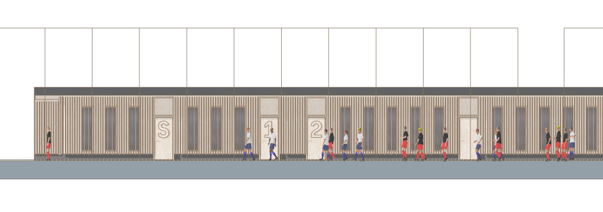 Ansicht des geplanten temporären Sportfunktionsgebäudes an der ehemaligen Teske-Schule