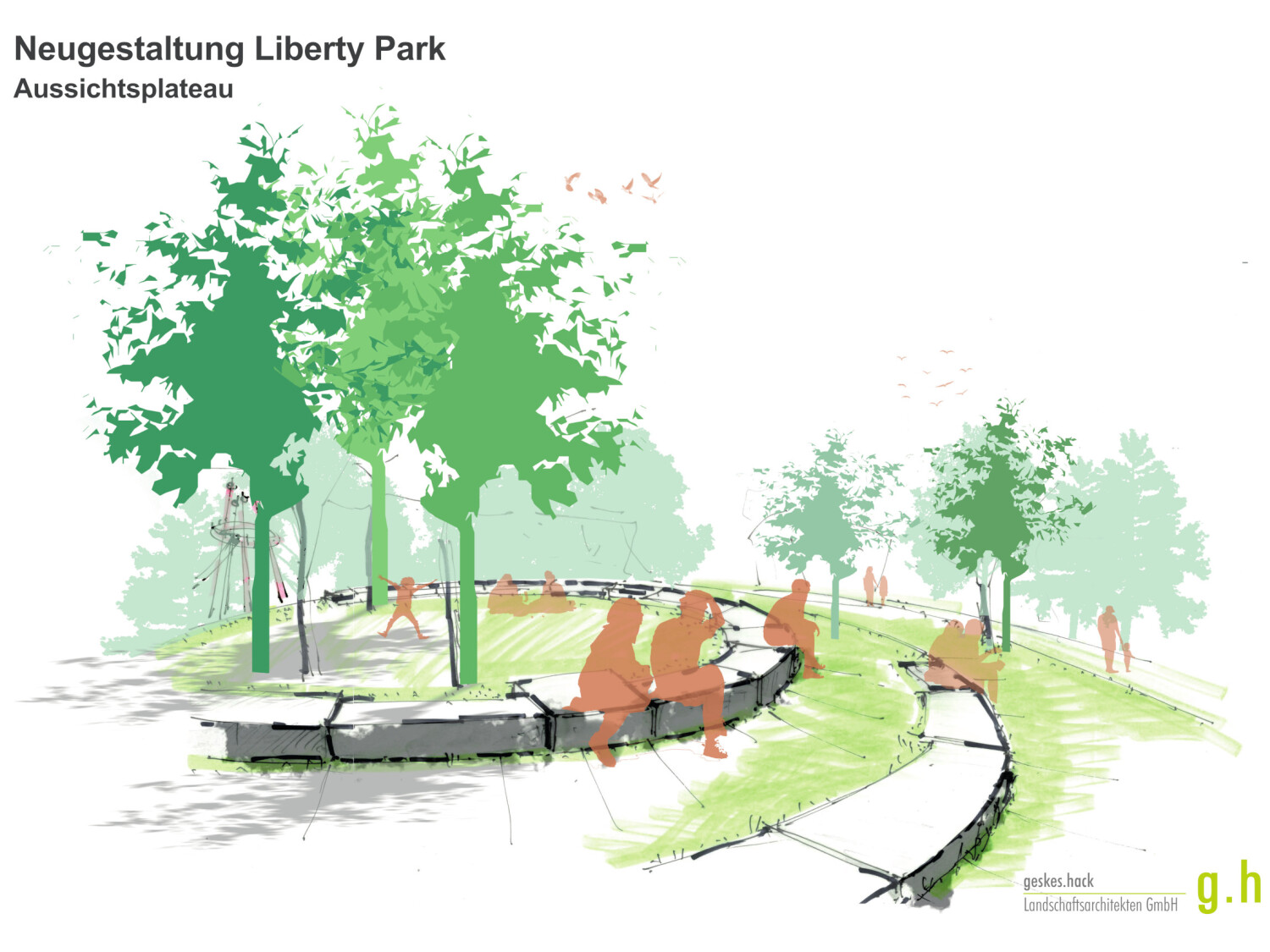 Skizze des Aussichtsplateaus mit ovalen Sitzmauern und Bäumen