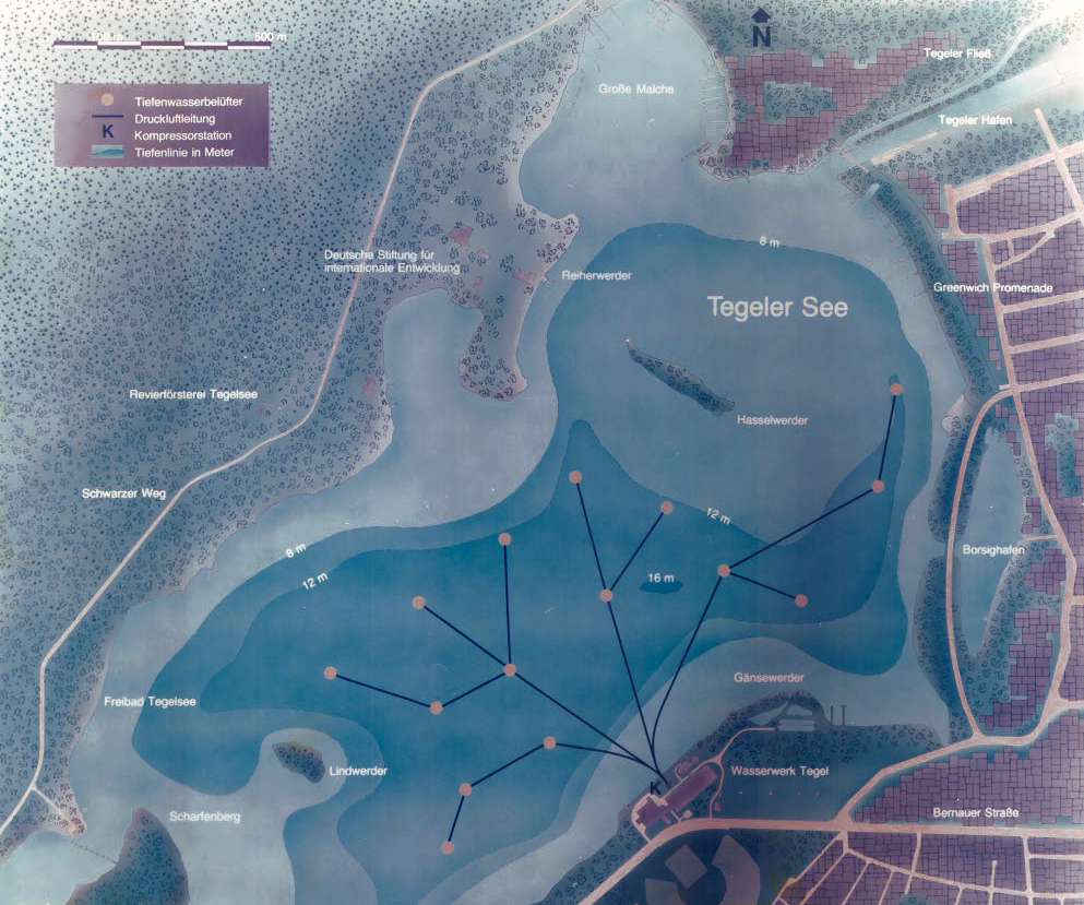 Lageplan der 15 Belüftungsgeräte im Tegeler See
