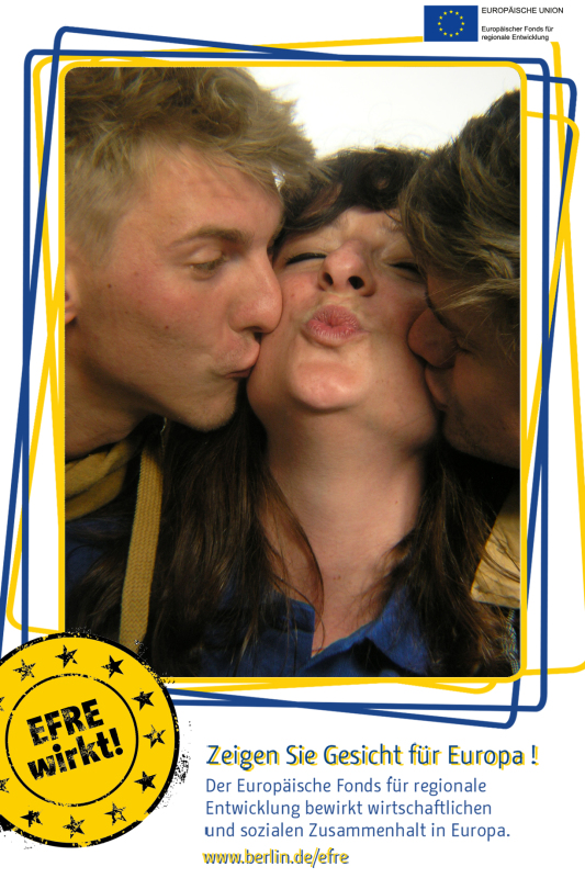 Drei Personen im Fotoboxrahmen EFRE: Zeigen Sie Gesicht für Europa!