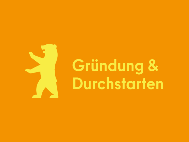 Ein Beitragsbild mit der Aufschrift "Gründung & Durchstarten". Links daneben ist ein stilisierter Bär - der Berliner Bär - zu sehen. Der Hintergrund ist orange und die Aufschrift sowie die Grafik sind gelb.