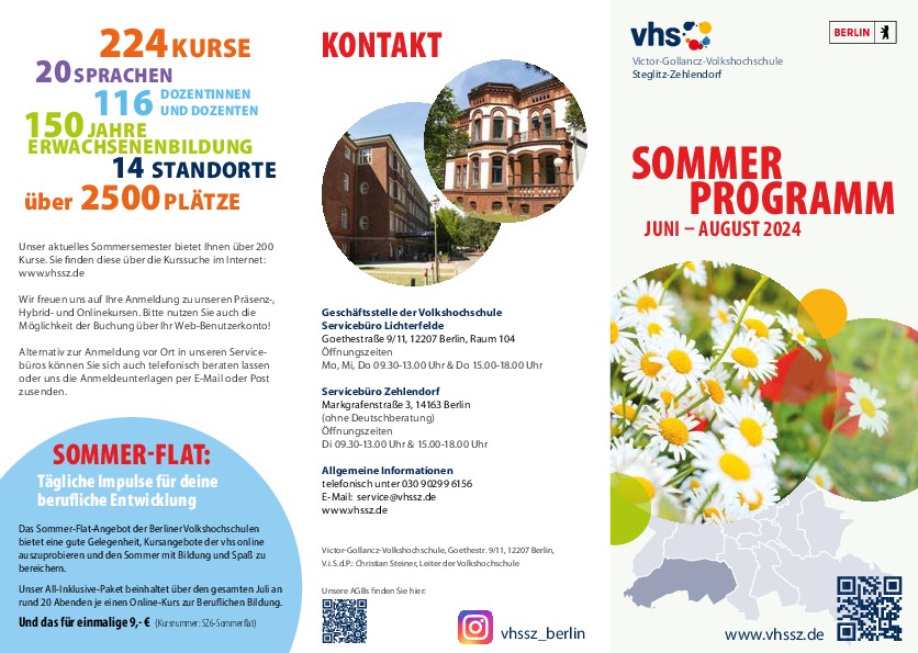 Flyer zum Sommerprogramm 2024 der VHS Steglitz-Zehlendorf